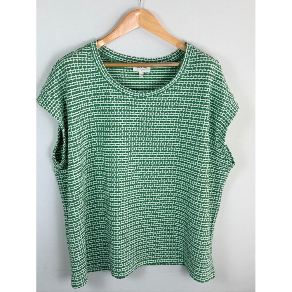 Kim & Cami 3X Green White Textured Geometric Print Top Plus Size